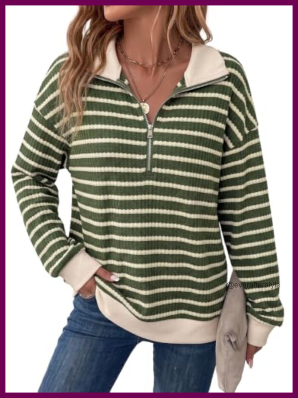 Dokotoo Women Half Zip Waffle Knit Sweatshirt Striped Color Block Long Sleeve